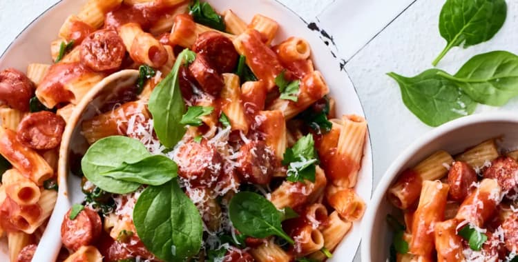 Two bowls of pasta with spinach and tomato sauce