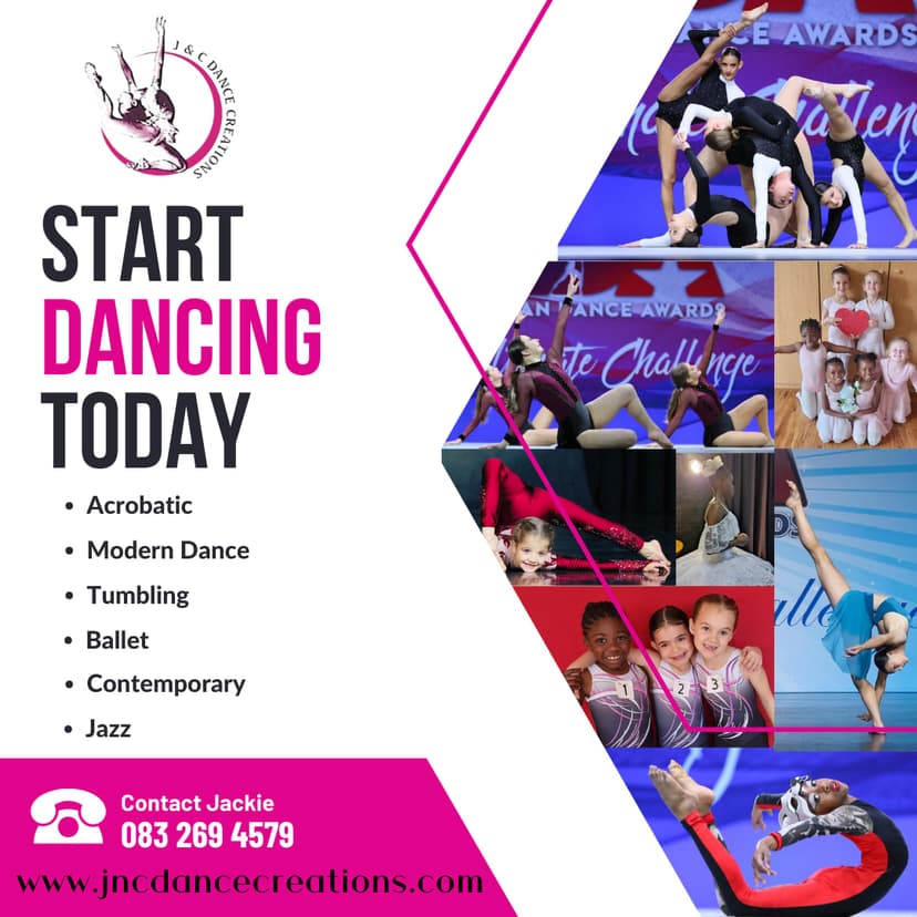 A flyer for a dance school with pictures of dancers