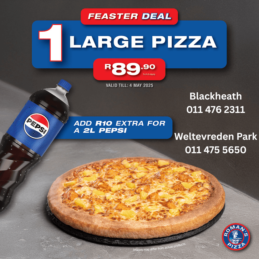 A pizza sitting on top of a table next to a bottle of soda