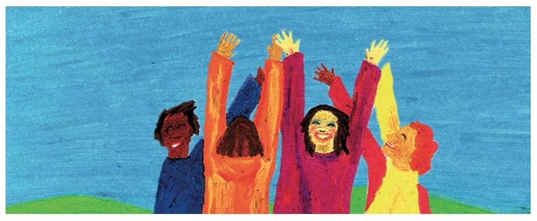 A drawing of a group of people with their arms in the air