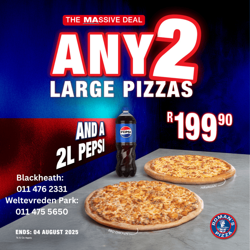Two large pizzas sitting on top of a table